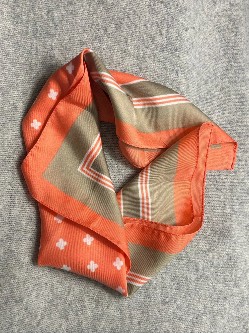 VINTAGE Orange & Tan Square Scarf, Italy, clover motif, est 70s, 80s, 90s